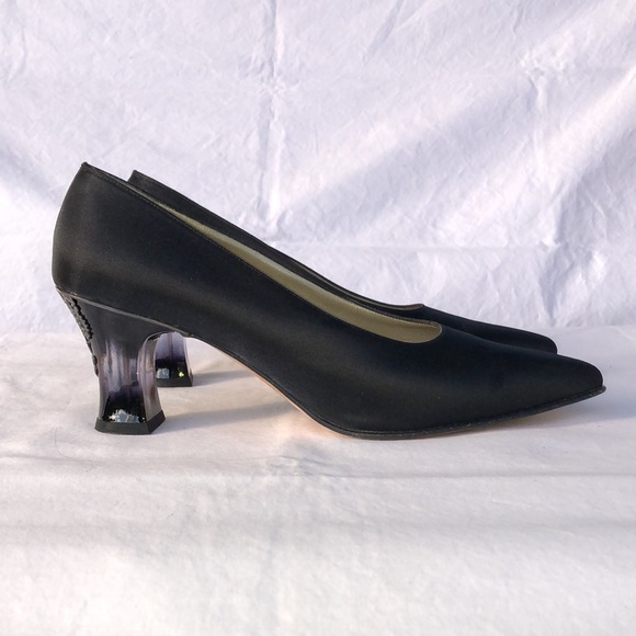 Salvatore Ferragamo “Boemia,” Black Silk Like Fabric, 2.75” Lucite Heel w/Lace - Picture 4 of 16